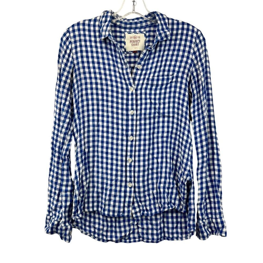 SO Womens Long Sleeve Button Down Blue/White Check Perfect Shirt Relaxed Fit S